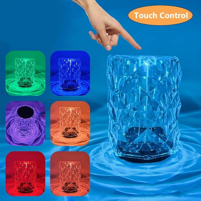 Portable Crystal Table Lamp, 3-Color Touch Control Rechargeable, 3-Levels Brightness Room Decor, Crystal Bedside Night Light for Kids, Bedroom & Dining Room (16 Color Rose)