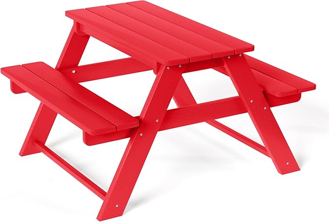 Costaelm Kids Picnic Table, HDPE All Weather Outdoor Toddler Picnic Table and Chair Set Kids Bench for Patio, Backyard, Garden, Lawn, Red