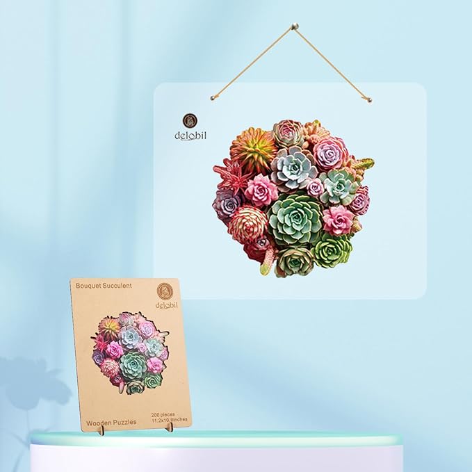 delobil Succulent Bouquet Wooden Puzzles for Adults, 200 Pieces Mandala Round Jigsaw Puzzles, Medium Size Unique Shaped Liberty Wood Puzzle Gift for Kids, Family Game 11.3'' x 10.5''