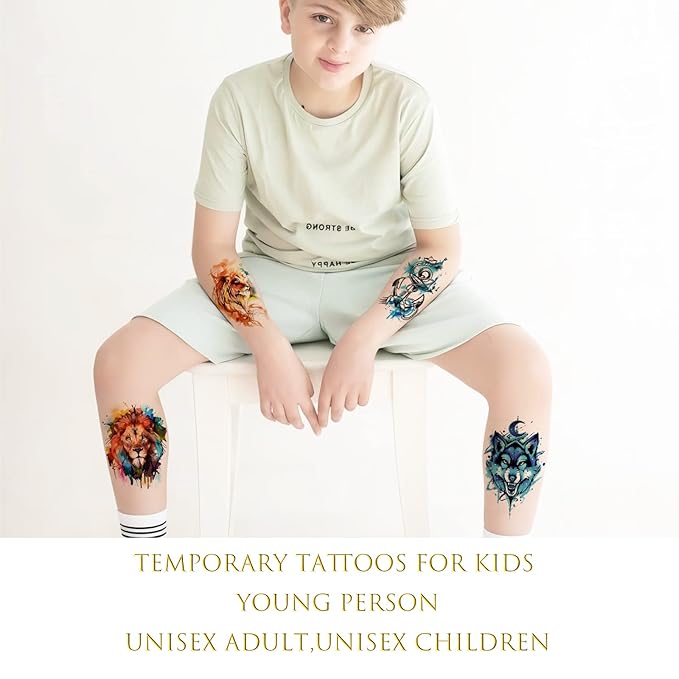 48 Watercolor temporary tattoos for adult and kids,Arm tattoo, body tattoo, watercolor lion wolf mermaid cat tiger,waterproof temporary tattoos realistic for women girls and kids, colourful