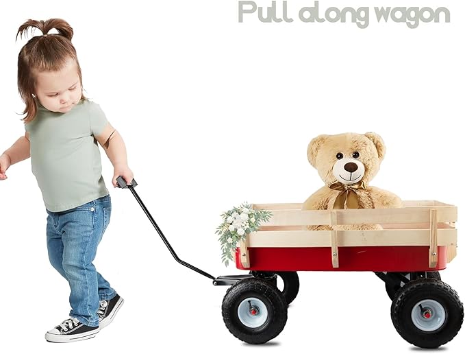 Pull Along Wagon Heavy Duty All-Terrain Cargo Wagon Outdoor Cart with Removable Wooden Side Panels,Big Tires and Wide Grip Handle for Towing Toys,Garden Tools,33x15.7x19.6 Inches