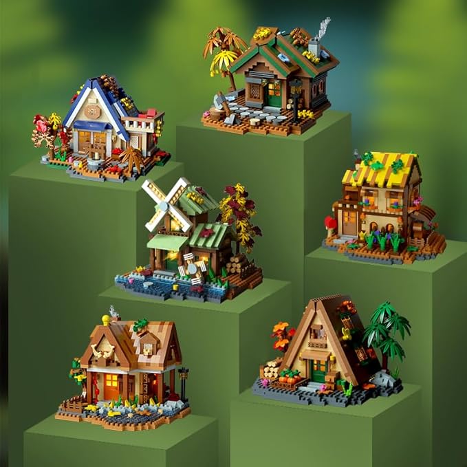 Cozy Mini Wood Cabin Micro Building Set with LED Light Wooden Forest House Block Toy with Tree Log Stem Houses Construction Model for Adults Teens Birthday Gift