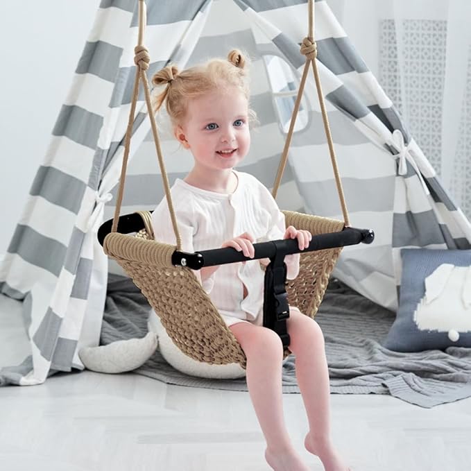 Toddler Swing&2-in-1 Baby Swing - Adjustable Rope Swing Seat for Kids | Indoor & Outdoor Durable Backyard Swing Set for Infants & Toddlers (Light Brown)
