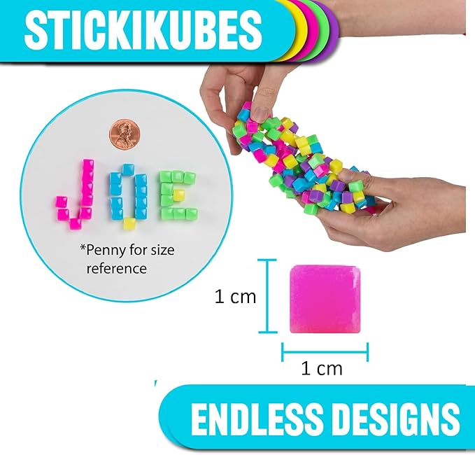KOMARC GAMES StickiKubes, Mini Stacking Cubes That Stick to Anything, Non Toxic Kid Safe Sticky Blocks, Creative Construction Toy - 125 Cubes, 5 Neon Colors, Tub