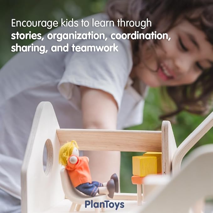 PlanToys Slide and Go Dollhouse - Chemical-Free Wooden Toy Featuring 3 Units with 20 Furniture Pieces