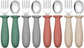 DRKIO 8 Pieces Toddler Utensils Set - Kids Silverware Set with Silicone Handle Children Safe 18/8 Stainless Steel Forks and Spoons Anti-Choke Design Food Grade Dishwasher Safe
