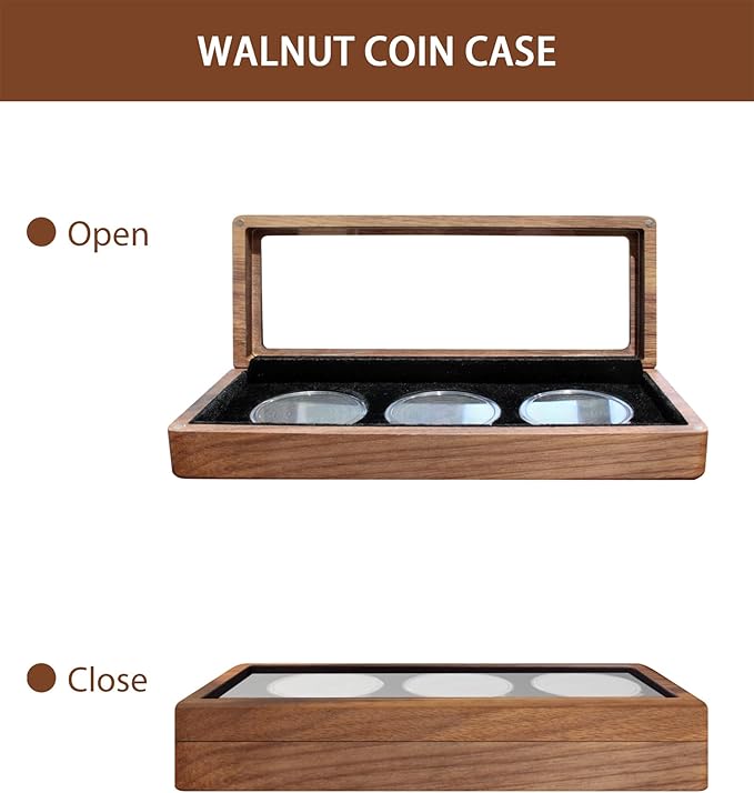 Walnut Wood Challenge Coin Display Case , Coin Box, 3 Slot Design, Compatible with Coins Measuring 17/20/25/27/30/35/40/46mm in Diameter and Less Than 3mm in Thickness
