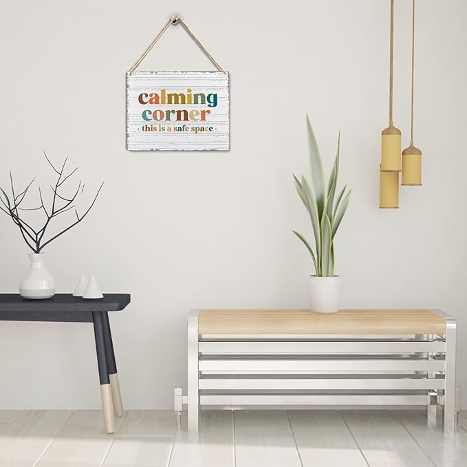 Calming Corner Hanging Wood Sign - Safe Space Classroom, School Counselor's Office, Calm Down Corner Decor - Boho Style, 10x8