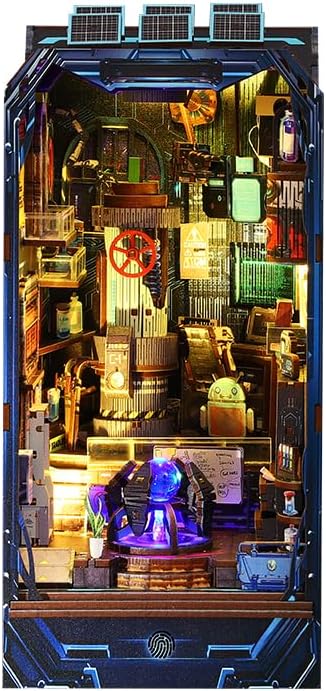 DIY Book Nook Kit - DIY Miniature Dollhouse Kit with Music Movement, Furniture and LED Lights, 3D Puzzle Wooden Art Bookends, Adult Building Model Kit (Energy Lab)