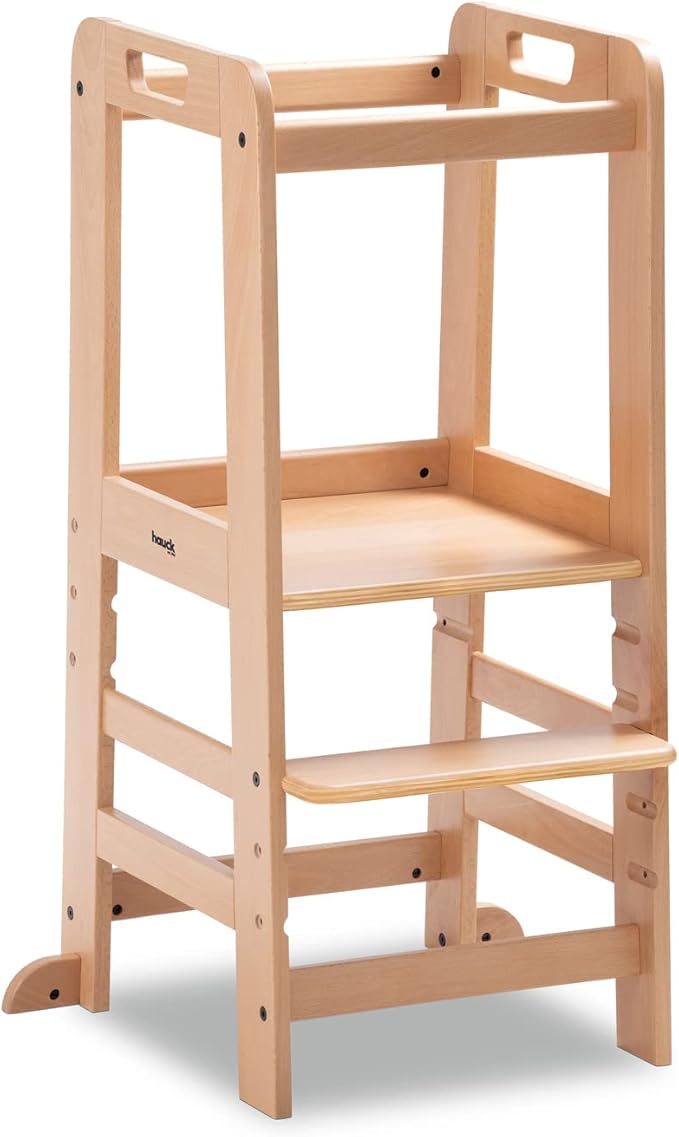 Hauck Learn N Explore Montessori Toddler Tower, Adjustable Wooden Kitchen & Bathroom Step Stool Helper for Home Use with Kids Ages 1+, Natural