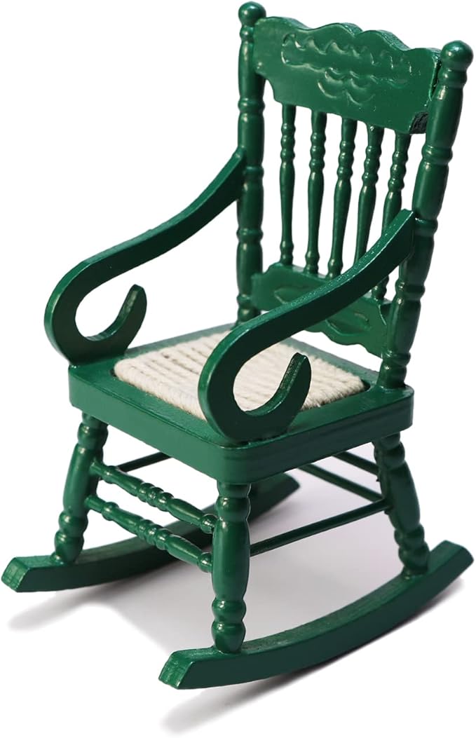 Dollhouse Miniature Rocking Chair 1:12 Scale Wooden Furniture Accessories Tiny Mini House Home Outdoor Cake Topper Decoration Model Living Room Scene Christmas Craft Displays (Green)