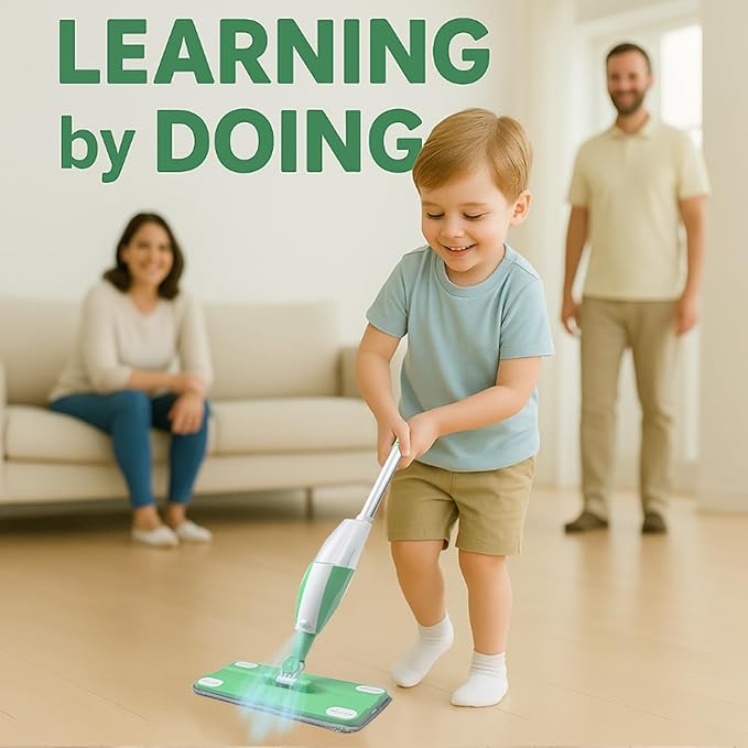 Kids Spray Mop - Toddler Cleaning Toy Set with Real Water Sprayer, 2 Washable Pads - Montessori Interactive Toy for Boys & Girls Ages 3 4 5 6