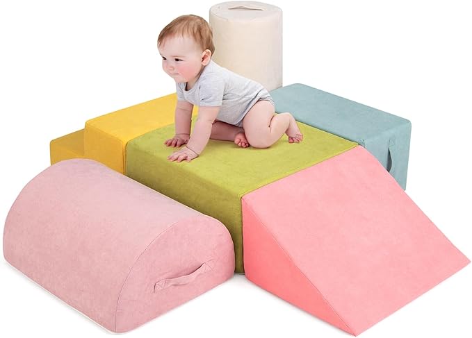 Costzon Toddler Climbing Toys Indoor, 6 Pieces Foam Climbing Blocks for Baby Inside with Skin-Friendly Chenille Fabric, 30D High-Density Foam & Carrying Handles, Soft Play Climbing for Toddlers (Pink)