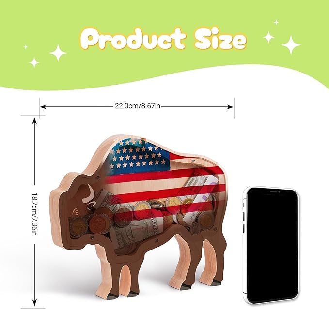 Wooden Bison Piggy Banks for Kids Money Coin Bank, Cute Unbreakable Piggy Bank Kids Safe Money Box, Toddler Birthday Baptism Gifts for Girls Boys Bull Cow Lovers