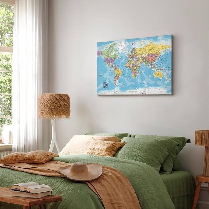 artgeist Canvas Wall Art Print World Map 24x16 in - 1pcs Home Decor Framed Stretched Picture Photo Painting Artwork Image Worldmap Continents Travel Gift k-C-0128-b-a