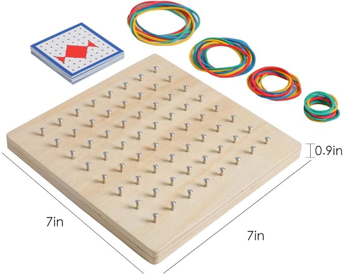Kizh Wooden Geoboard Math Manipulative Material Graphical Geo Board Montessori Educational Toys Array Block Pattern Cards and Rubber Bands STEM Puzzle Matrix 8x8 Brain Teaser Toys