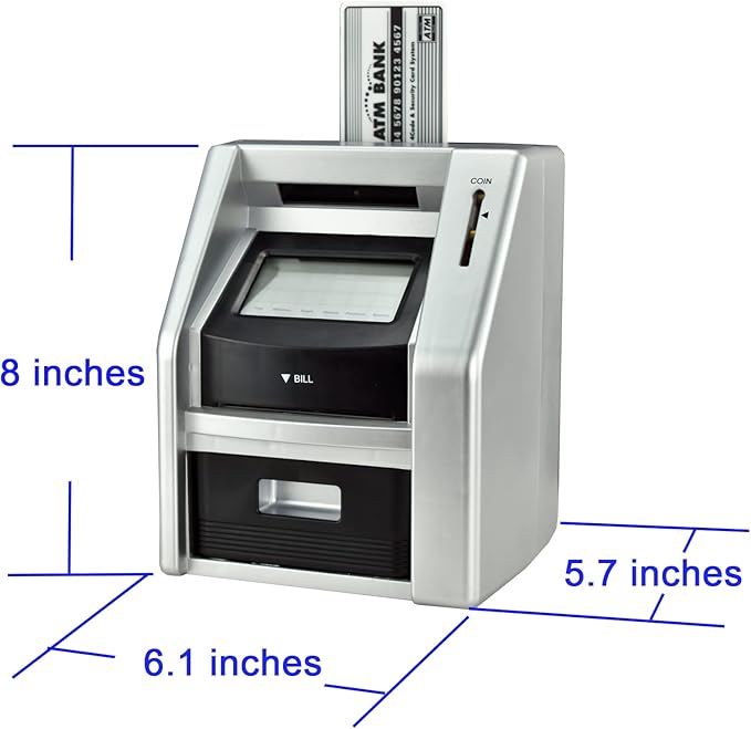 Touchscreen ATM Piggy Bank for Kids, Electronic Money Bank with Coin Counter, Card & Password, Backlit Display – Compact Savings Toy Gift for Boys & Girls Ages 6–12 (Black/Silver)