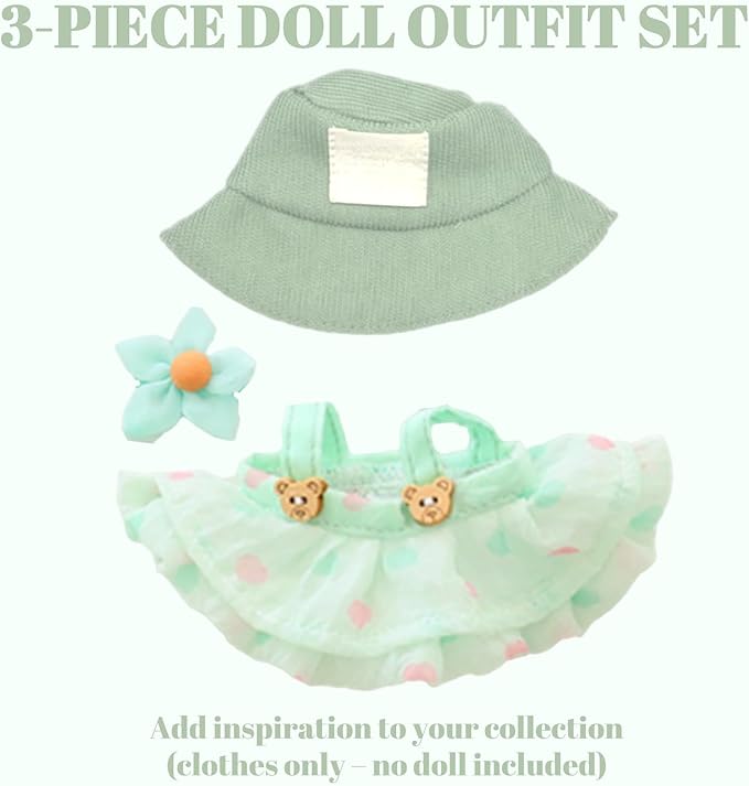 Clothes for 17cm Doll (Clothes Only) – 3-Piece Outfit Set with Hat, Green Dress and Flower Accessory for an Adorable Dressed-Up Look – 17cm Doll Accessories