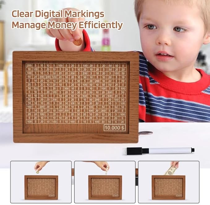 10000 Savings Challenge Box, Money Saving Box with Money Target and Numbers, Cash Vault Wooden Savings Box, Wooden Money Box, Coin Counter Piggy Bank for Adults, Wooden Coin Bank for Kids 5,000