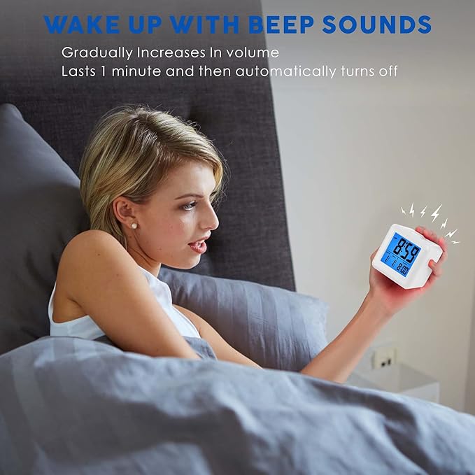 Plumeet Easy to Set Digital Travel Alarm Clock, Snooze Function, Soft Night Light, Large Screen time and Month and Date Display and Alarm, Progressive Sound Alarm and Handy Size (White)