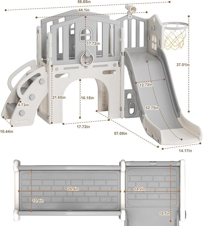 KORIMEFA 7 in 1 Toddler Slide Playset, Kid Slide for Toddlers Age 1-3 with Ring Toss, Basketball Hoop, and Telescope, Indoor Outdoor Slide Toddler Playset Playground, Gray