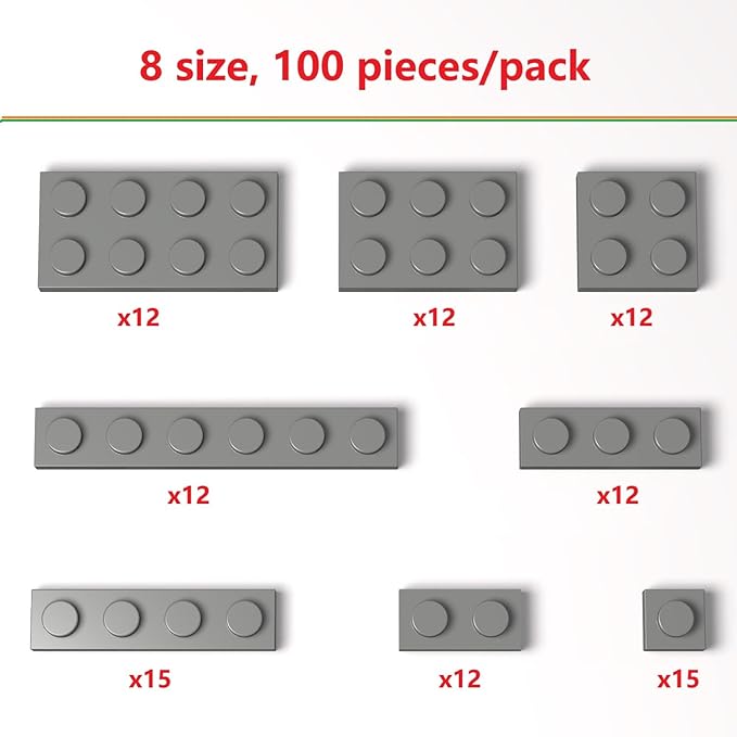 100 Pieces Classic Building Plate Assortment Pack, 8 Sizes Small Baseplates Multipacks, Compatible with Lego Parts and Pieces, Small Plate for Building(Color:Dark Gray)