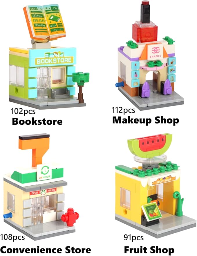 894 PCS Building Blocks City Set for Boys and Girls Ages 6-12: Build 8 Mini Shops | Creative Construction Toy Gift (Birthday Party, Stocking Stuffer, Classroom Prizes)