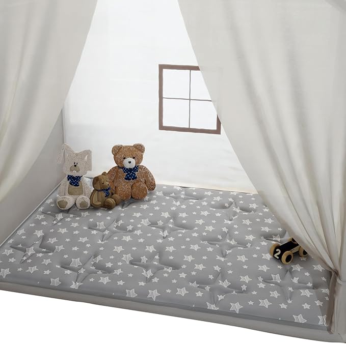 Rectangle Kids Play Mat for Kids Tent Indoor & Outdoor Toddler Tent, Non Slip Kids Play Tent Mat Large Kids Playhouse Tent Mat, Lovely Star Print Padded Washable Mat 53" L x 36" W