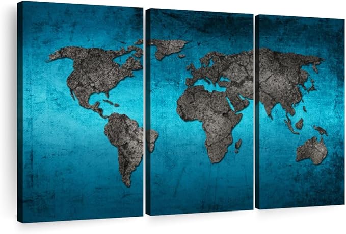 ElephantStock Ocean World Map Multi Piece Canvas - 3 Panel Wall Decor - Map of the World Art - Canvas for the Office and Home - 50" X 32"