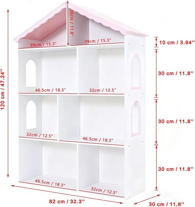 Wooden Dollhouse Bookshelf 4-Tier Children's Bookcase Display Storage Doll House Organizer Furniture for Kids Bedroom Playroom Nursery Kindergarten Gift for Boys Girls Ages 3-8 Years Old
