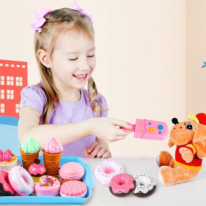 LOVESTOWN Pretend Desserts Toy Set, 15 PCS Play Food Desserts for Kids Kitchen, Toy Ice Cream Cupcake Baking Plastic Play Food for Girls Boys Birthday Gift