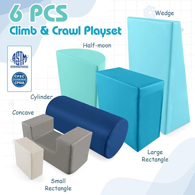 Costzon Toddler Climbing, 6 Pieces Climb and Crawl Playset with PU Cover for Baby Crawling, Climbing & Walking, Indoor Foam Climbing Blocks for Toddlers (Blue)