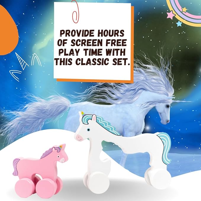 Jack Rabbit Creations Big & Little Unicorn Push Toy 2 in 1 Wooden Roller Animals- Pull STEM Toys for Toddlers Develops Coordination and Fine Motor Skills- Ages 18 Months+