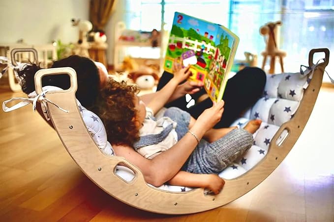 Climbing Arch | Montessori Rocker Arch | Arch with Cosy Pillow | Wooden Climbing Arch with Cushion | Wooden Climbing Arch and Rocker | Indoor Playground Cosy Cushion Rocker (Star)