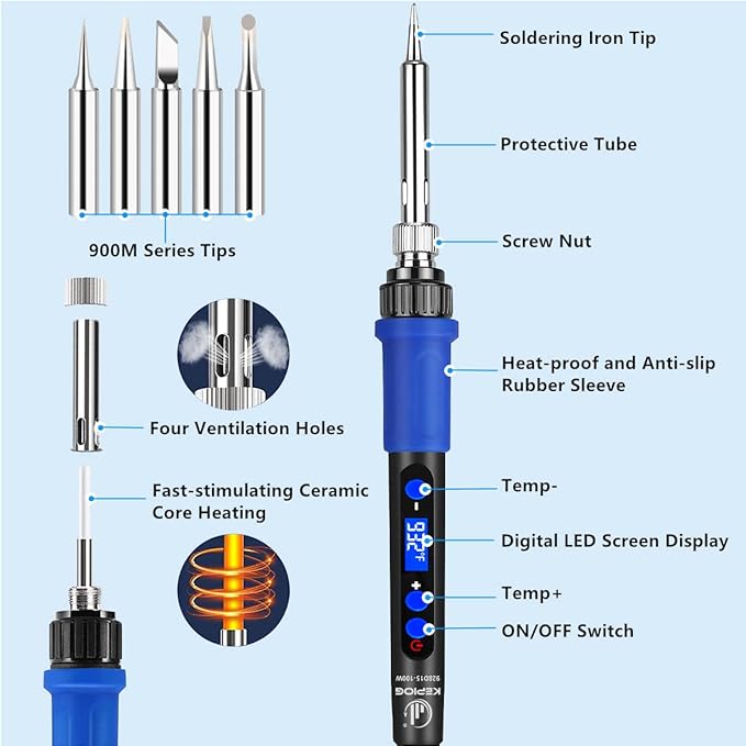 Soldering Iron Kit, 100W High-Power LCD Digital Soldering Iron, Circuit Board Repair Soldering Kit with Magnifying Glass Helping Hands, Adjustable Temperature Solder Welding Tools