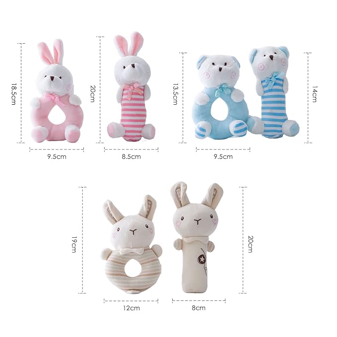 Plush Baby Soft Rattle Toys, Pink Bunny for Infants, First Stuffed Animal Shaker Set for Newborns, Soft Ring Sensory Toys for Infant Boys Girls, Baby Shower Gifts, 2 PCS