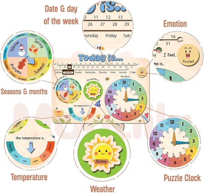 Interactive Calendar for Kids Ages 3+, Wooden Toddler Calendar, Teaching Seasons, Years, Months, Days of Week, Daily Activity Calendars for Kid Preschool & Homeschool (10 x 14 inches)
