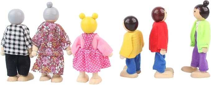 Wooden Dollhouse People, 6 Family Figures Miniature Doll House, Wooden Doll House Family Dress-up Characters Grandpa, Grandma, Mom, Dad, Boy and Girl