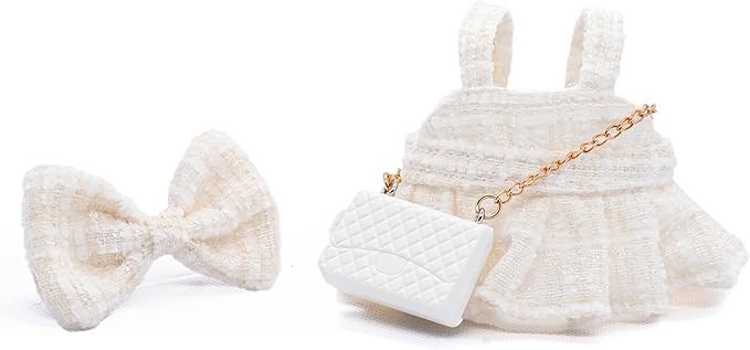 17cm Doll Clothes - Premium Handmade Clothes 3 Piece Set Velvet Bowknot & Bag & Dress Adjustable Outfit - Luxury Chic Style Set High-End Fashion Accessories White Bow Set - (No Doll)