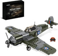 WW2 Spitfire Fighter Military Plane Building Set - with Sliding Features, Compatible with Lego Plane, Rotating Propellers, and an Open Cockpit Door