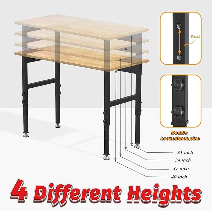 60"x24" Adjustable Height Workbench, Work Table, Heavy-Duty Chipboard Work Table, for Garage, Workshop, Office