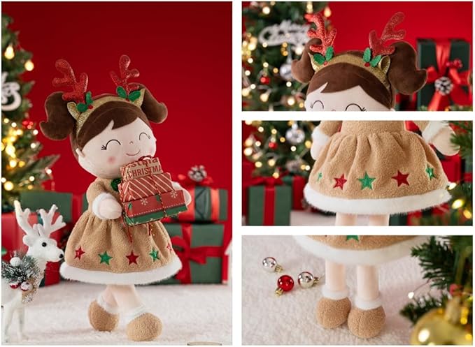 Gloveleya Christmas Reindeer Girl Plush Doll – 16" Soft Stuffed Animal Holiday Toy with Antlers, Gift Box & Card, Xmas Present for Toddler Girls, Baby Shower & Birthday Gift