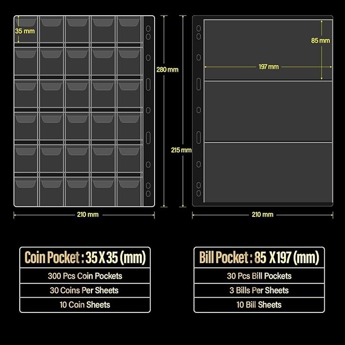 Silph PLC Coin Collection Book Holder for Collectors, Coin Album Binder Storage Box Case for Money Currency Collection Supplies - [300 Coins Pockets+30 Bills Pockets]