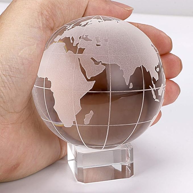 OwnMy 80mm World Globe Crystal Ball Glass Sphere Display Globe Paperweight Healing Meditation Ball with Clear Stand for Creative Gift