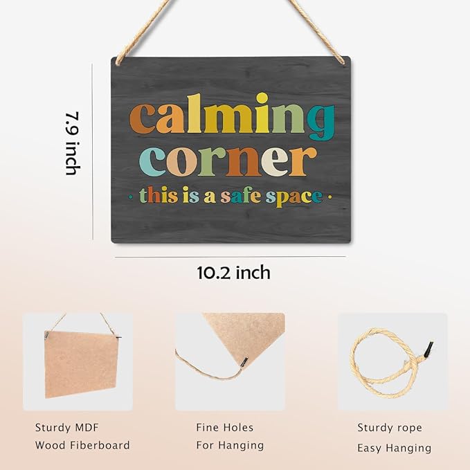 Calming Corner Hanging Wood Sign Plaque - Safe Space, Classroom Decor, School Counselor Office, Calm Down Corner Decorations, Boho Style (Gray), 10x8