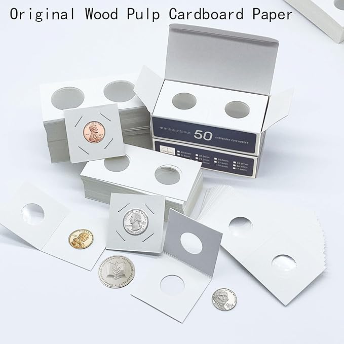 200 PCS Cardboard Coin Flips with 10 Sheets Coin Pocket Pages, 4 Assorted Sizes 2" x 2" Cardboard Coin Holders Coin Flips Coin Collection Supplies for Dime, Dollars, Penny, Quarter, Nickels Collecting