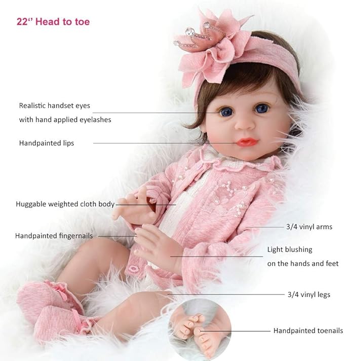Aori Realistic Reborn Baby Dolls - 22 Inch Lifelike Baby Girl with Feeding Bottle & Pacifier, Weighted Cloth Body for True-to-Life Feel, Gift for Kids Ages 3+