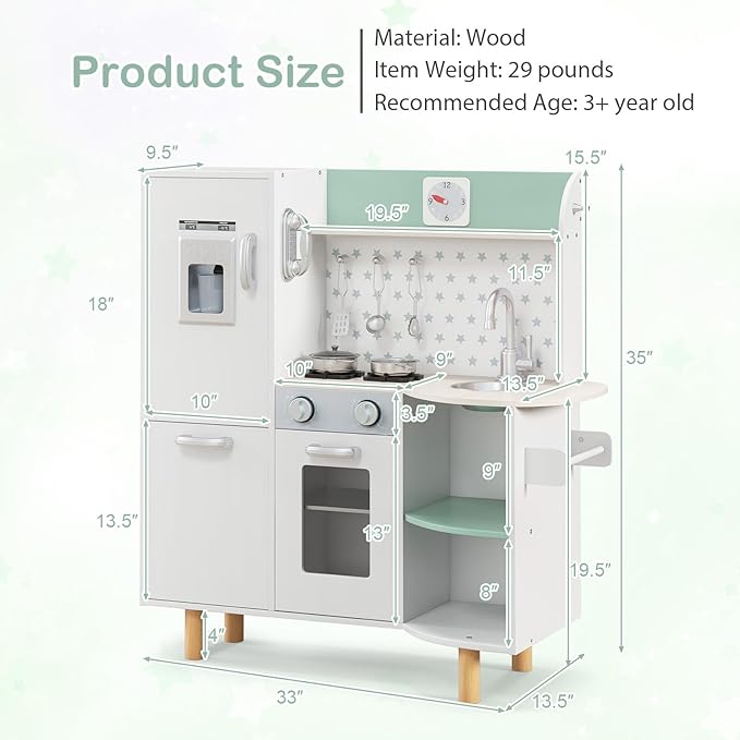 INFANS Kid Kitchen Playset, Toddler Wooden Pretend Cooking Set with Realistic Light & Sound, Stove, Sink, Microwave, Storage Cabinet, Play Kitchen Toy Set for Children Boys Girls (Green)