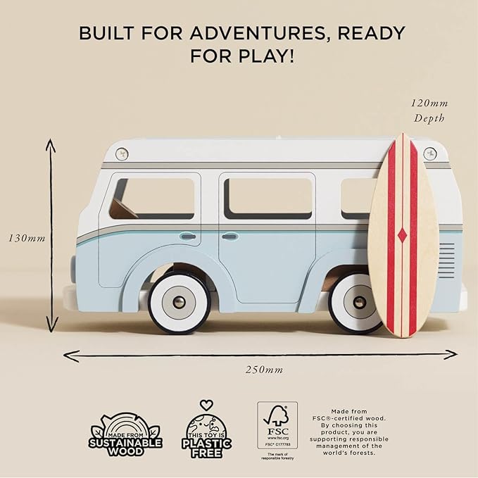 Le Toy Van - Wooden Holiday Campervan with Detachable Surfboard | Suitable for 3 Year Old +
