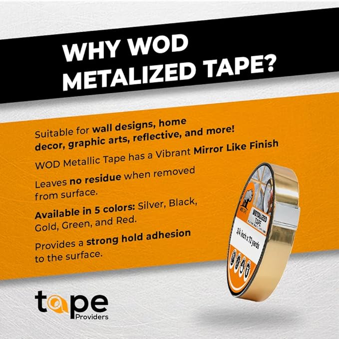 WOD MPFT2 Gold Metalized Polyester Mylar Film Tape with Acrylic Adhesive, 6 inch x 72 yds. Vibrant Mirror Gold Tape, Decor Tape for Detailing Accent Wall, Graphic Arts, Car and Boat Trim